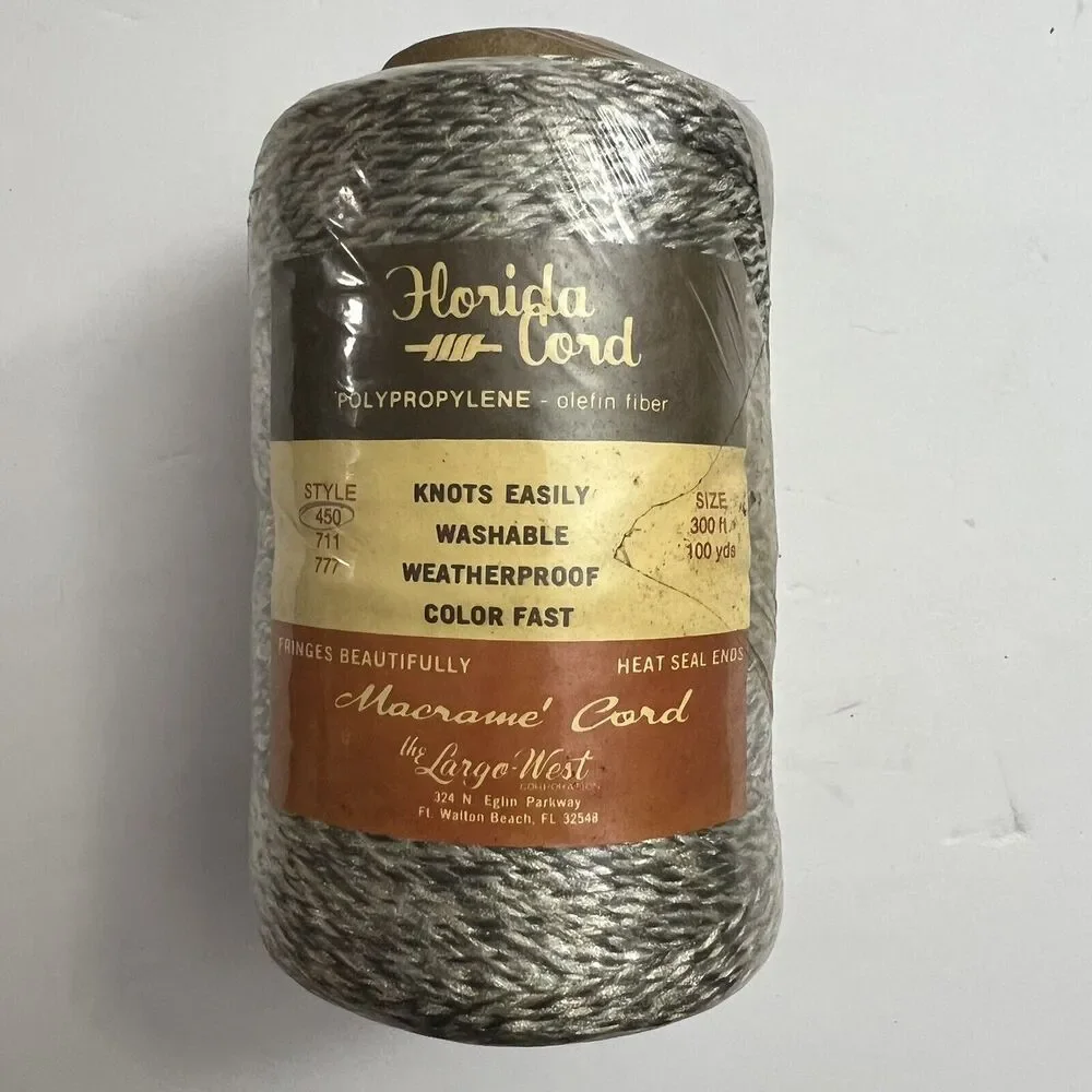 Vintage Florida Macrame Olefin Fiber Cord 4mm 100yds 300ft Herculon Gray Black
